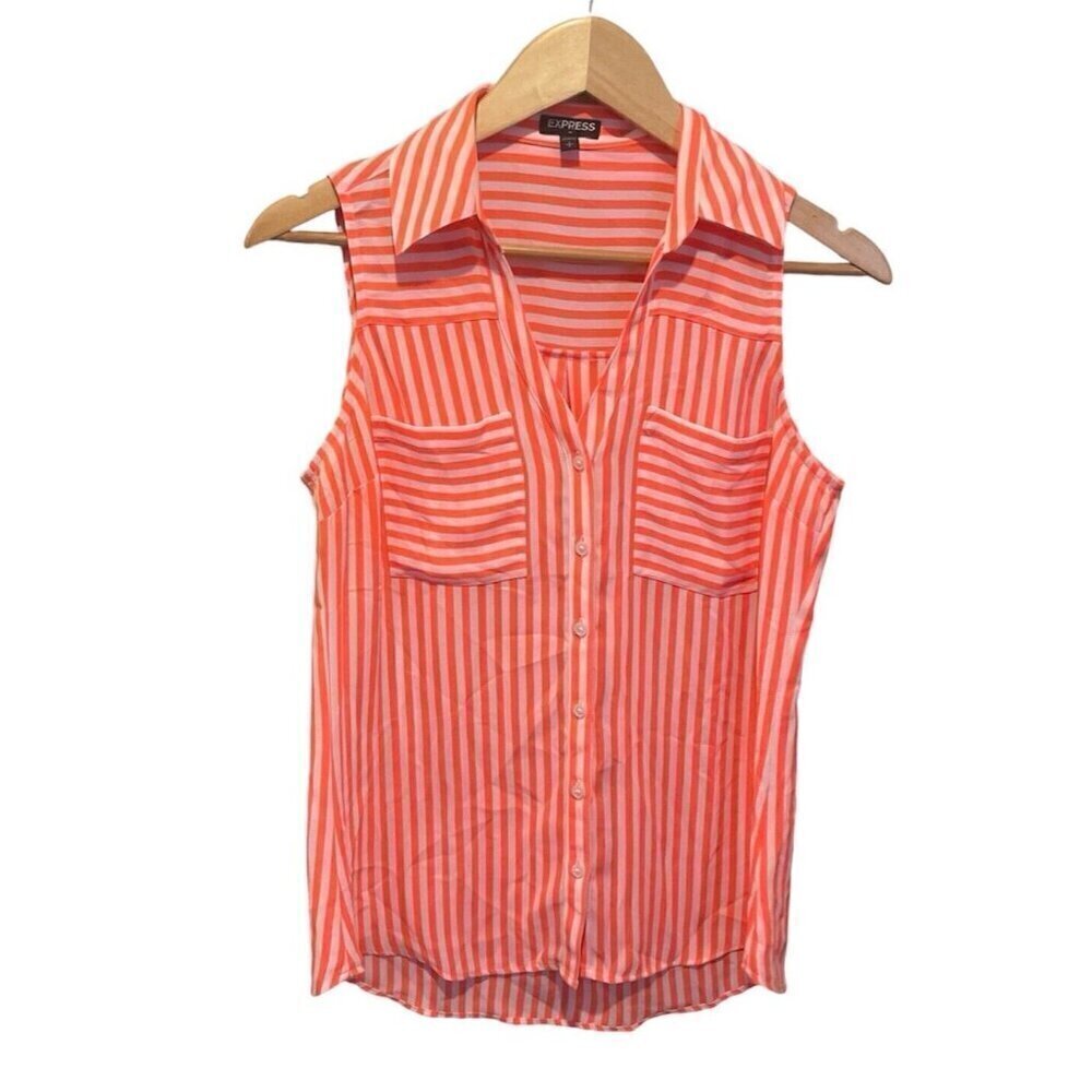 Express Shirt Women S Small Button Up Collared Sleeveless Pockets Orange Striped